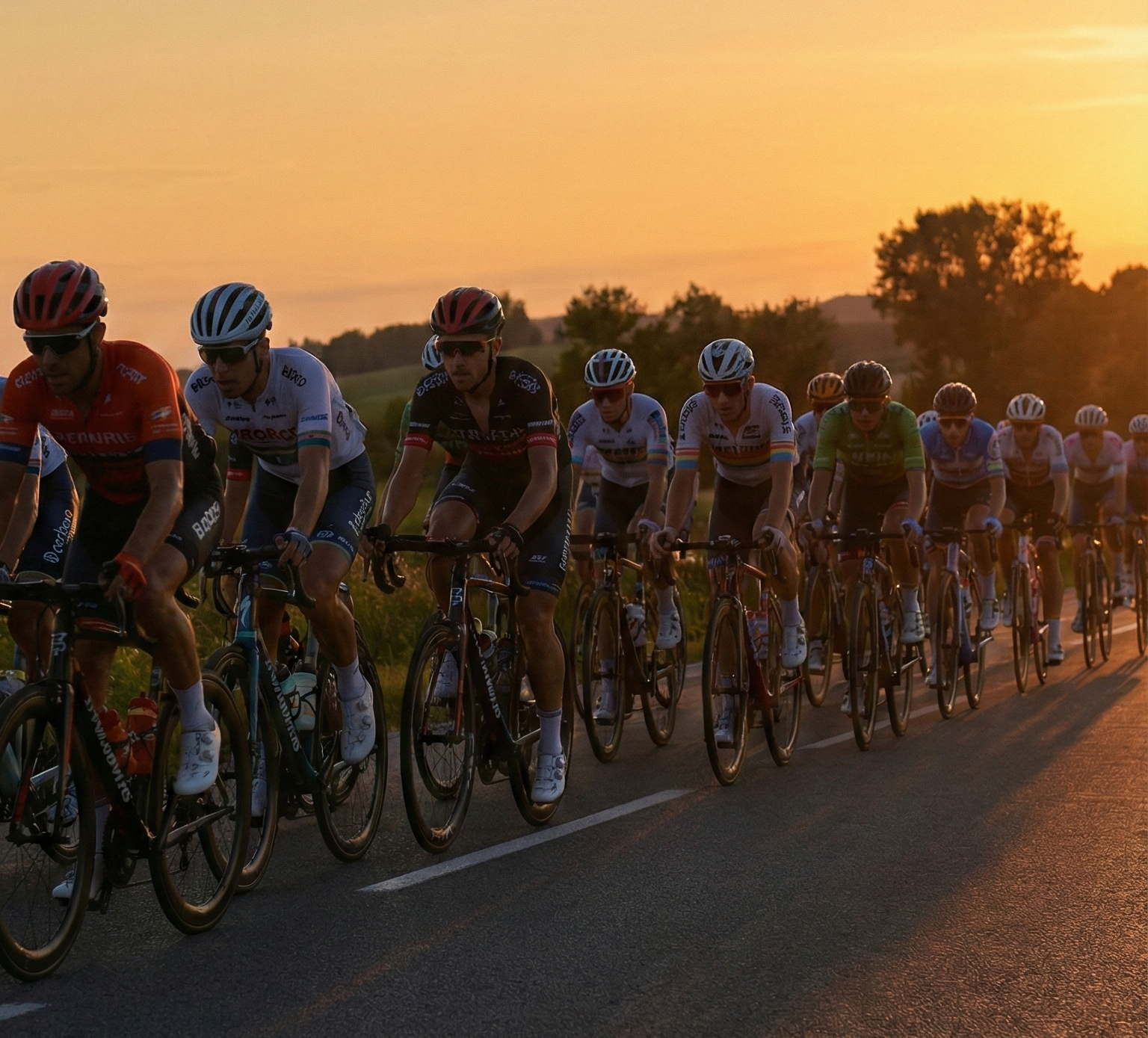 Cyclists racing at sunset